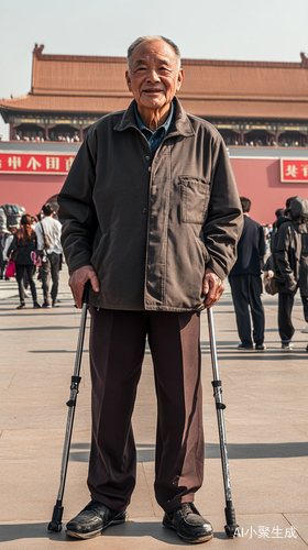老人拄拐参观天安门全景游览记录