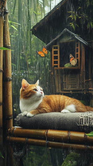 下雨天 竹林 猫咪 木屋 蝴蝶 沙发