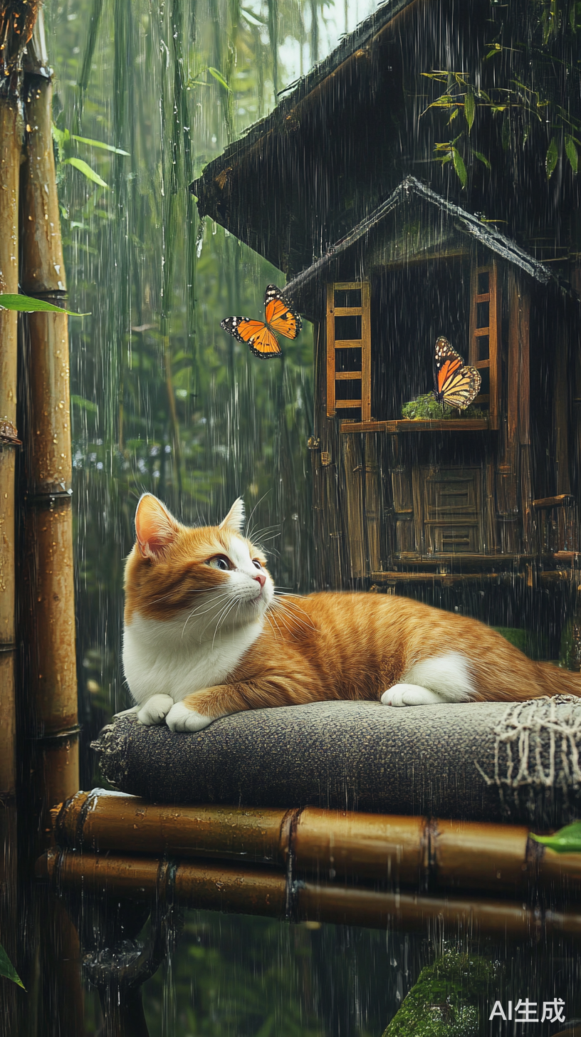 下雨天的竹林木屋里的猫咪和蝴蝶