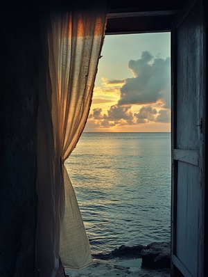 The photograph shows a film curtain by the sea, the Maldives seaside, the sea lapping against the projector, a high-definition image taken with a Ricoh GR III camera, with cross-processing and deconstruction elements，ar3∶4，v6