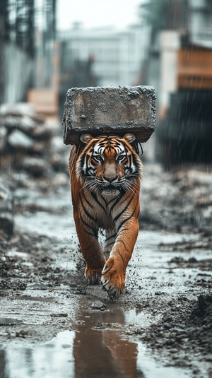 一只老虎在工地上还下着雨，背着水泥，浑身湿淋淋的在工地上走着，图片质量高清分辨率，4K超高质量