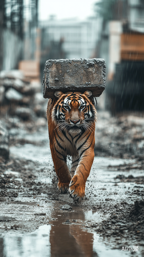 老虎在雨中工地上背水泥浑身湿透高清图