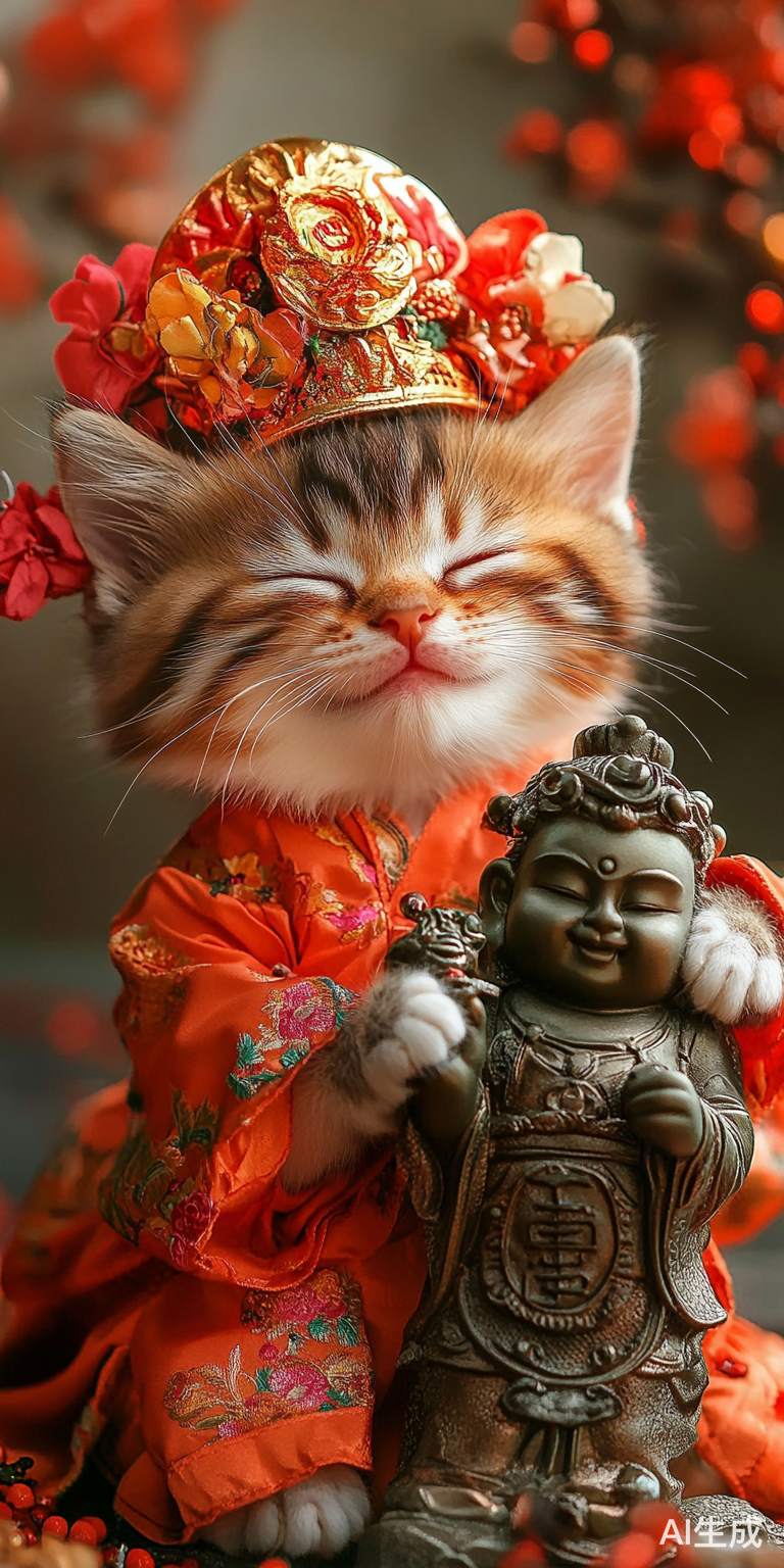 可爱小猫咪穿节日盛装捧财神雕像