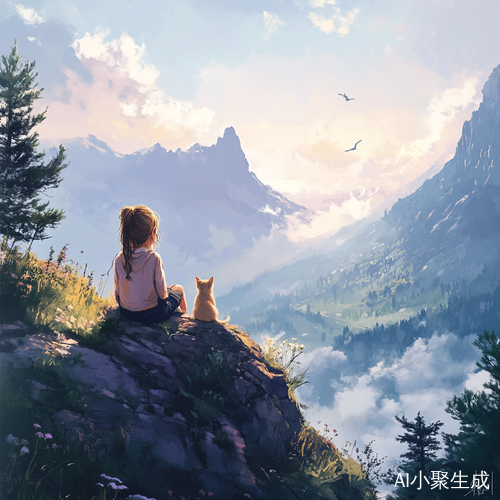 小女孩与小猫咪的梦幻山顶治愈系漫游