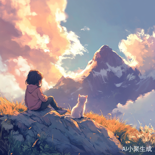 小女孩与小猫咪的梦幻山顶治愈系漫游