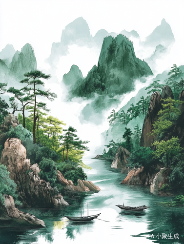 中国山水画中的宁静与和谐自然景色