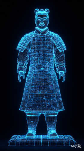 8K Wireframe Hologram of Terracotta Army with Glowing Patterns