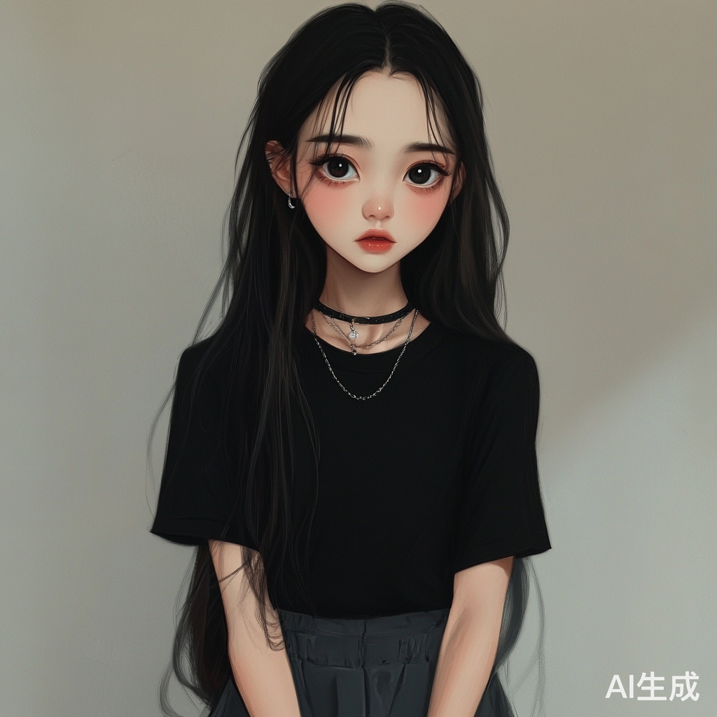 中国女孩大眼睛长发黑色T恤卡色阔腿裤