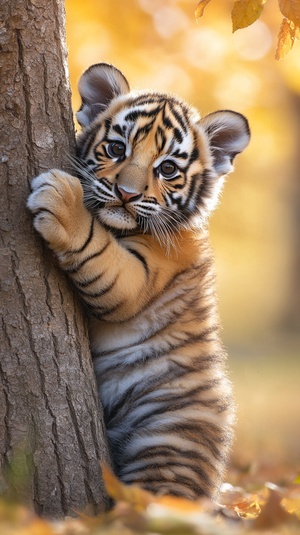 A chubby tiger cub, leaning against the tree trunk and holding its belly with both paws, has a chubby face, big eyes, and a smiling expression. The autumn forest background and sunlight shining through the leaves create a beautiful scene. This full-body photograph captures the cub in high definition, with superb details and high resolution, resulting in a cute and endearing image. ar 13:24