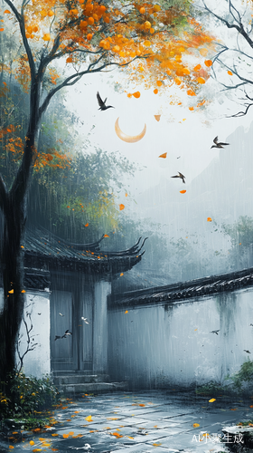 竹林中庭院飞鸟细雨与黄柿子交相辉映