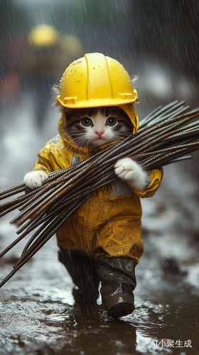 小猫猫雨天扛钢筋的工地勇士