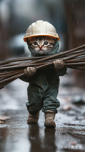 小猫猫在雨天中扛钢筋的工地冒险