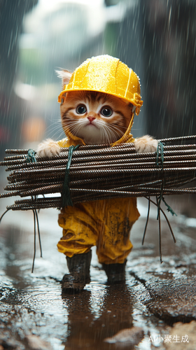 小猫猫在雨天中扛钢筋的工地冒险