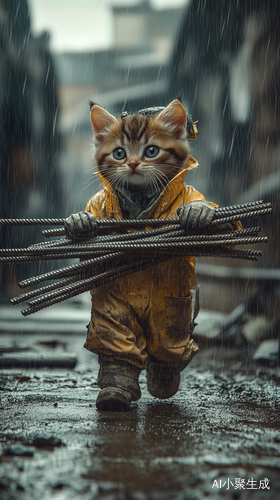 小猫猫在雨天中扛钢筋的工地冒险