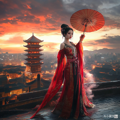 战国袍美丽女子在城楼