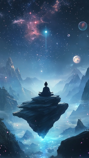 imagine prompt: A serene scene of a young person meditating on a floating rock in a mystical, starry landscape. The figure is dressed in traditional, flowing robes, with a calm and focused expression, illuminated by a soft, ethereal light from above. The night sky is filled with stars, planets, and cosmic energy, with light streaks and glowing orbs creating a sense of infinite space. The mountains in the background are shrouded in mist, adding to the otherworldly atmosphere. The style combines elements of C