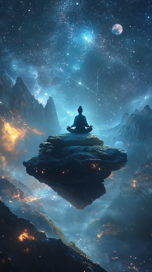 imagine prompt: A serene scene of a young person meditating on a floating rock in a mystical, starry landscape. The figure is dressed in traditional, flowing robes, with a calm and focused expression, illuminated by a soft, ethereal light from above. The night sky is filled with stars, planets, and cosmic energy, with light streaks and glowing orbs creating a sense of infinite space. The mountains in the background are shrouded in mist, adding to the otherworldly atmosphere. The style combines elements of C