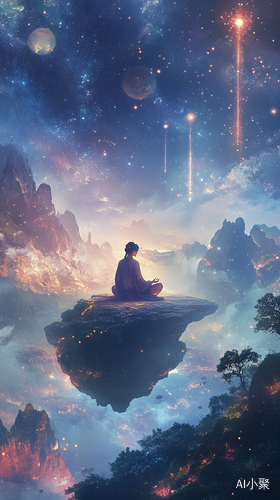 Young Person Meditating on a Floating Rock in a Mystical Starry Landscape