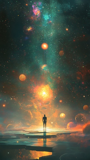 A lone warrior standing on a glowing platform, surrounded by a vast cosmic expanse. The figure is highlighted by subtle, radiant light, with the outline shimmering with cosmic energy. The background is filled with stars, floating orbs, and abstract shapes that evoke a sense of the infinite universe. The atmosphere is both serene and mysterious, with the character gazing into the endless expanse. The style should blend futuristic sci-fi with traditional fantasy elements, using a dark, star-filled color palet