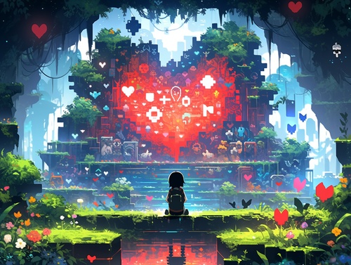 A vibrant, pixel art-style scene inspired by the game "Undertale," featuring a whimsical underground landscape filled with colorful monsters and charming characters. The foreground showcases a small, determined child with a signature red hoodie, standing confidently amidst lush green leaves and glowing flowers. Enigmatic ruins and floating hearts create a magical atmosphere, while the backdrop highlights whimsical caves with sparkling crystals and ethereal lighting. Soft, warm colors blend together,