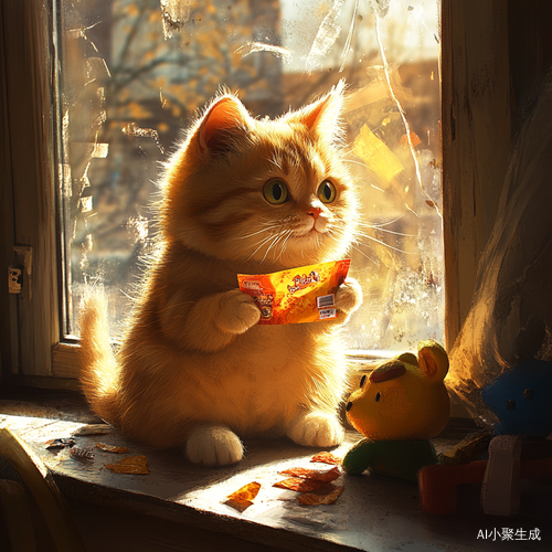 橘色猫咪阳光下调皮抓辣条的温馨瞬间