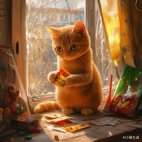 橘色猫咪阳光下调皮抓辣条的温馨瞬间