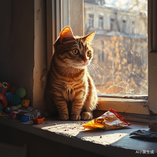 橘色猫咪阳光下调皮抓辣条的温馨瞬间