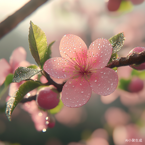 鲜艳梅花与清新绿叶在阳光下的高清真实渲染