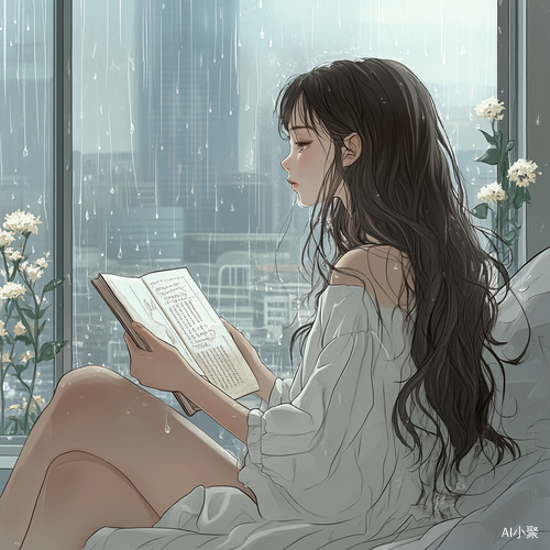 夏季雨天少女侧视线条插画坐在窗前阅读