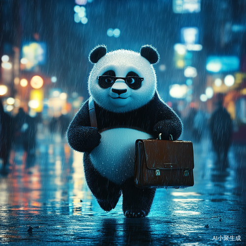 大雨中大熊猫手拿公文包在街头漫步的高清画面