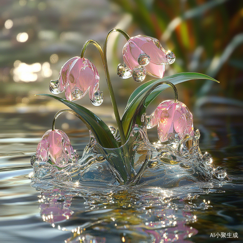 梦幻清透的粉水晶铃兰花在水面上绽放