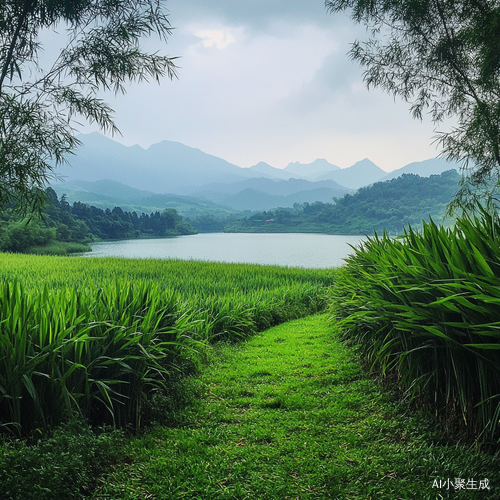 田野湖面远山翠竹构成的自然水墨画