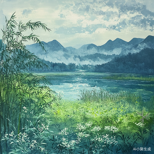 田野湖面远山翠竹构成的自然水墨画