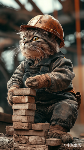 猫咪穿烂衣服戴安全帽在工地搬砖