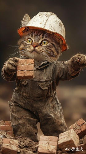 猫咪穿烂衣服戴安全帽在工地搬砖