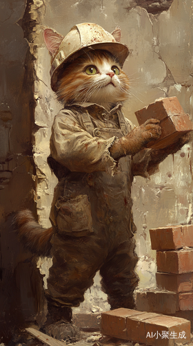 猫咪穿烂衣服戴安全帽在工地搬砖