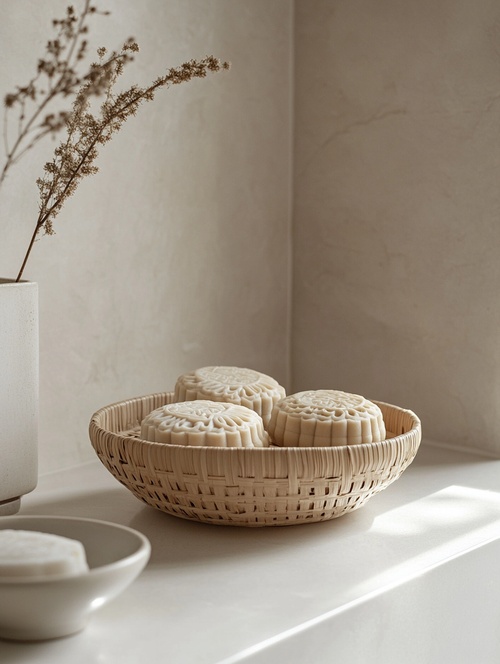 Three mooncakes in a bamboo basket on a white counter in a minimalist ceramic style, light beige and beige, handmade items, striped arrangement, Elba da master, soft, atmospheric lighting, textured layers AR 85:128 V 5.2