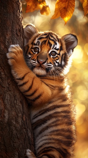 A chubby tiger cub, leaning against the tree trunk and holding its belly with both paws, has a chubby face, big eyes, and a smiling expression. The autumn forest background and sunlight shining through the leaves create a beautiful scene. This full-body photograph captures the cub in high definition, with superb details and high resolution, resulting in a cute and endearing image. ar 13:24