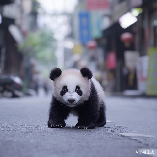 可爱淘气的小熊猫在大街上散步