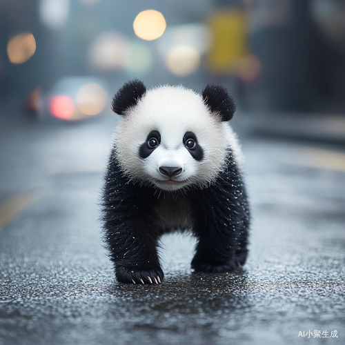 可爱淘气的小熊猫在大街上散步