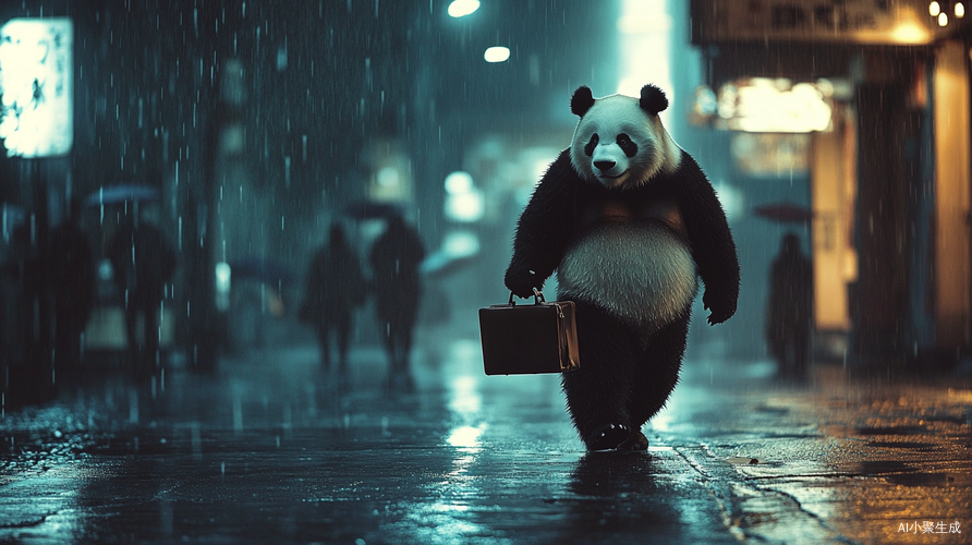 雨中的大熊猫手拿公文包在街上悠闲行走
