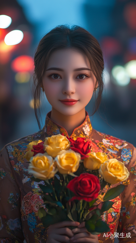夜晚街道上的美丽女子与玫瑰花的微笑