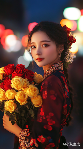 夜晚街道上的美丽女子与玫瑰花的微笑