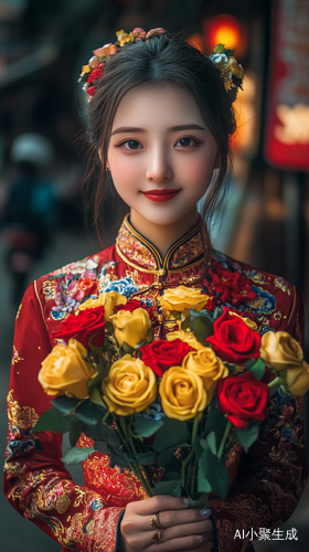夜晚街道上的美丽女子与玫瑰花的微笑