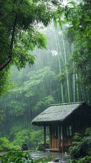 天空下着雨，竹林里，有个小屋，可以喝茶，舒服惬意，自然风景，很治愈，很有安全感