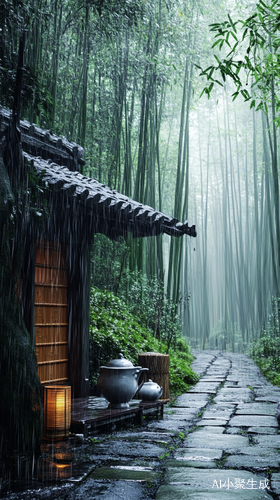 雨中竹林小屋茶香四溢的治愈时光