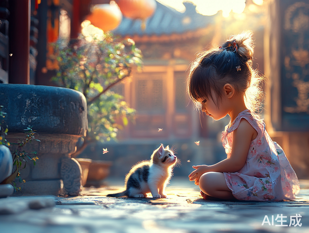 可爱小女孩与小猫在中式庭院的温馨画面