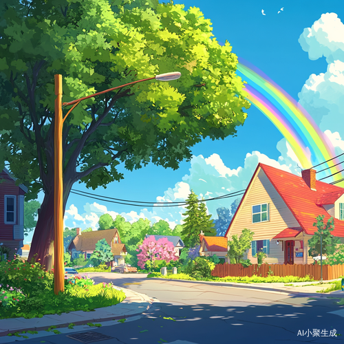 街角的卡通树和彩虹房子远景侧面画