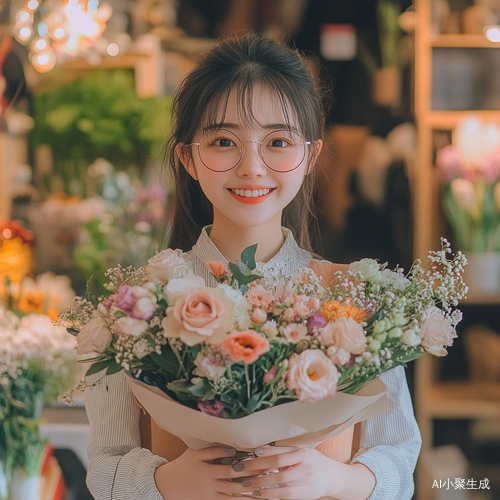 中国女孩微笑迎镜举花庆祝幸福时刻