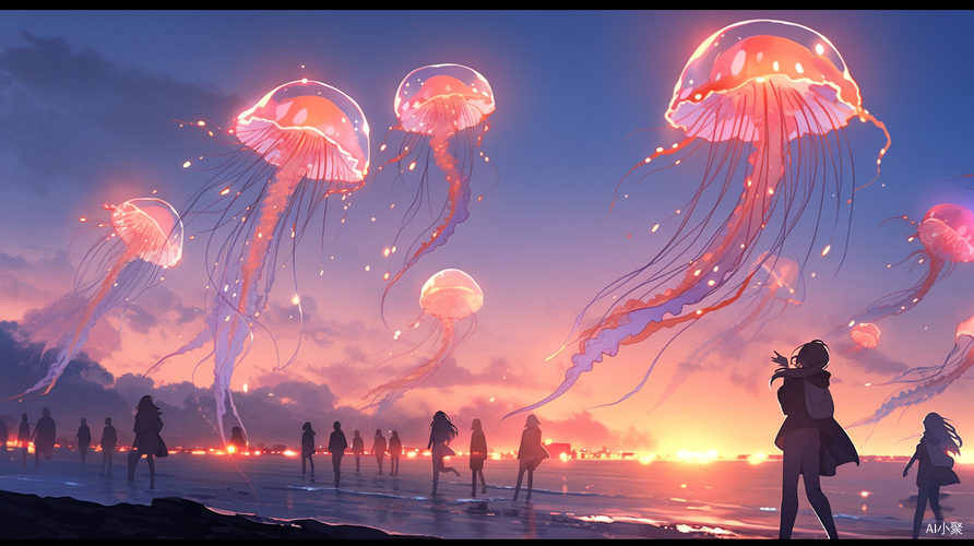 Majestic Jellyfish and Octopuses Illuminate a Misty Beach at Dusk